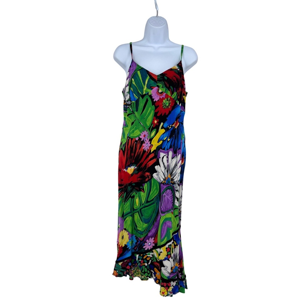 Jams World Flower Vibes Tropical Floral Midi Dress Ruffle Hem Small Made in USA
